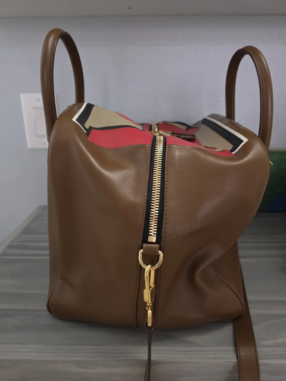 BURBERRY Designer Brown Leather Tote with Red Accent Front Panel